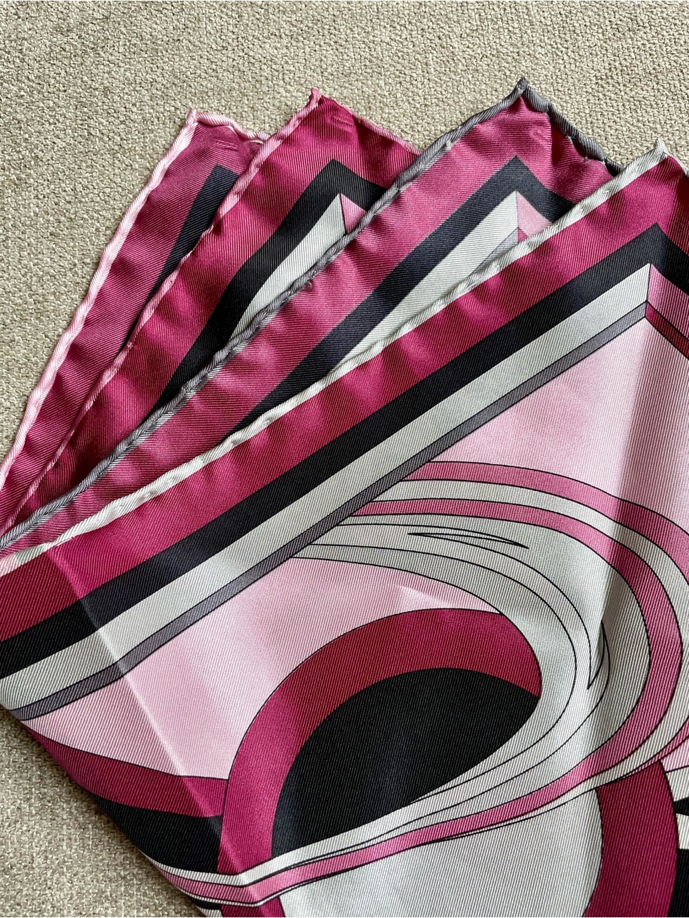 Dion Silk Men’s Art Deco Pink Raspberry Silver Grey Black Unique Pocket Square
